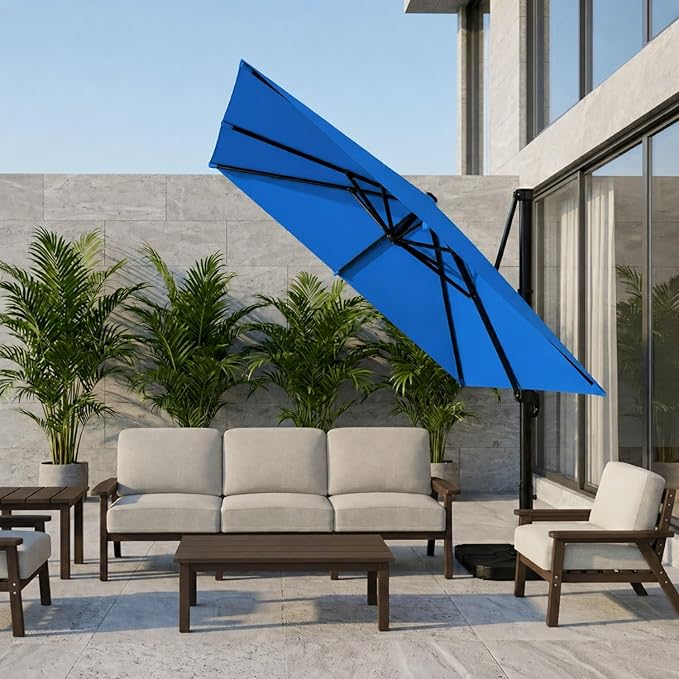10'×10' Patio Umbrella, Aluminum Cantilever Umbrella with 360°Rotation, Offset Patio Umbrella with Easy Tilt Fade Resistance for Pool Deck Backyard, Royal Blue (Base not Included)