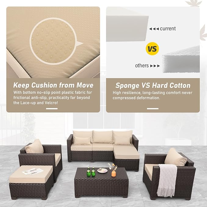 6 Pieces Patio Outdoor Furniture Outdoor Conversation Sets Wicker Sofa Set with Outdoor Couch Patio Chairs Storage Coffee Table Khaki Cushions Waterproof Covers