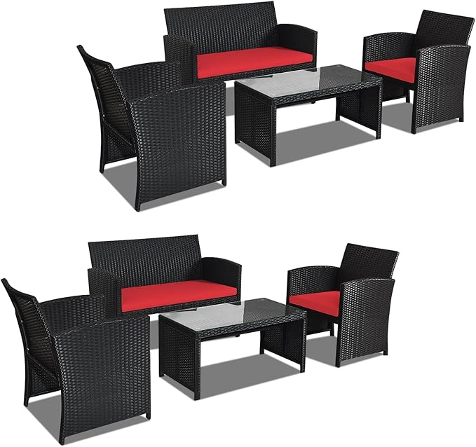DORTALA 8 Pieces Patio Wicker Conversation Furniture Set, Outdoor Rattan Sofas with Bistro Sets with Coffee Table for Courtyard Balcony Wicker Chairs with Soft Cushion and Table, Red