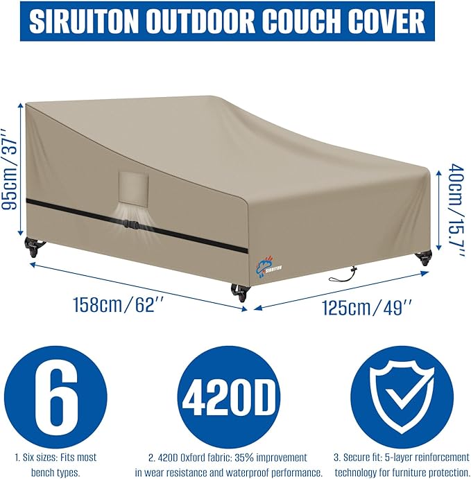 SIRUITON Garden Patio Rattan Daybed Cover Patio Bed Cover 61" W x 48" D x 37" H,Heavy Duty 420D Oxford Waterproof Outdoor Double Sofa/Patio Bed Lounger Covers