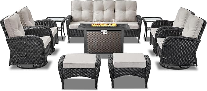 Belord Expansive 10 Pieces Outdoor Patio Furniture Set with 43” Propane Fire Pit Table, Patio Conversation Set with Swivel Rocker Outdoor Chairs Set of 4 and Sofa, Ottoman and Wicker Side Table Black