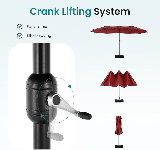 DUMOS 15FT Extra Large Patio Umbrella with Base Included, Rectangle Table Umbrella Outdoor Patio, 12 Sturdy Ribs Triple Head Canopy Outside Umbrellas for Deck, Backyard and Poolside, Wine Red