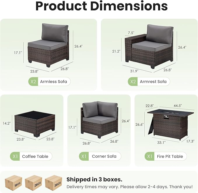 Soohow 7-Piece Patio Furniture Set with 44" Fire Pit Table, Outdoor Sectional Wicker Rattan Conversation Set for Garden, Porch, Backyard - Grey Cushions