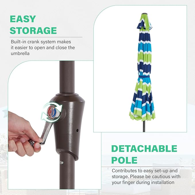 JEAREY 9 FT Patio Umbrella Outdoor, Table Umbrellas Market Umbrella w/Push Button Tilt/Crank, 8 Sturdy Ribs(Blue Green Striped)