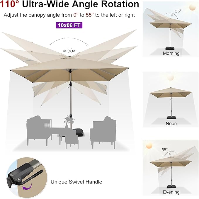 PURPLE LEAF 10' X 6.5' Left-right Tilting Patio Umbrella Outdoor Swivel Cantilever Umbrella Aluminum Offset Umbrella with Champagne Frame and 360-degree Rotation for Garden Deck Pool, Beige