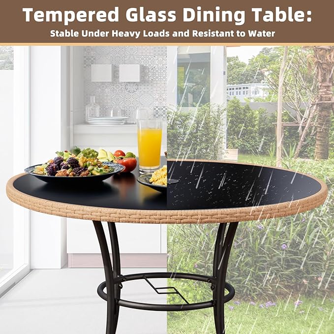 35.6" Round Patio Desk, Outdoor Wicker Dining Table with Umbrella Hole, Tempered Glass Top for 4-5 Persons, Bistro Rattan Furniture Garden Tables for Balcony, Backyard - Black Metal Steel Slat