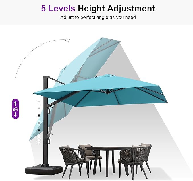 PURPLE LEAF 10 FT Cantilever Umbrella with Wheeled Base Square Large Aluminum Outdoor Offset Patio Umbrella with 360° Rotation for Pool Garden Deck Backyard Turquiose Blue