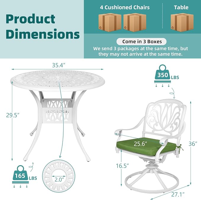 MEETWARM 5-Piece Outdoor Patio Dining Set, All-Weather Cast Aluminum Patio Conversation Set for Backyard Garden Deck with 4 Cushions Swivel Rocker Chairs and 35.4" Round Table, White
