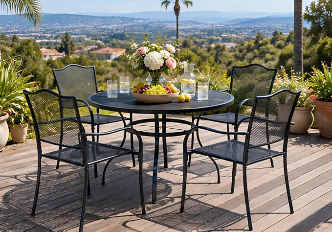 5Piece Outdoor Dining Set, Patio Dining Table Set for 4, 42" Mesh Round Table with 4 Black Metal Mesh Outdoor Dining Chairs with Armrest for Lawn, Garden, or Porch