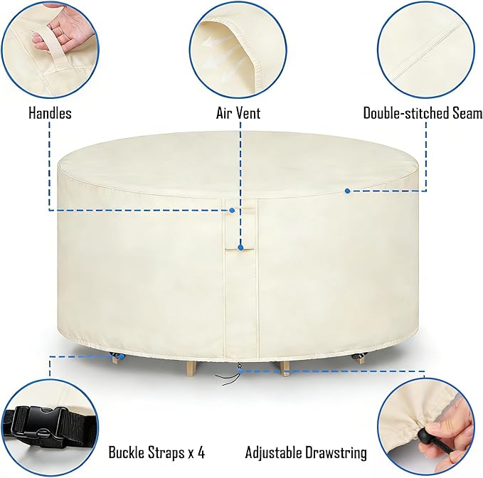 Round Patio Furniture Covers Waterproof, 80 Inch Outdoor High Round Table Cover, Tall Bar Height Outside Table and Chairs Set Covers for Winter, Rainproof Fadeproof - 80"Dia x 36"H, Beige