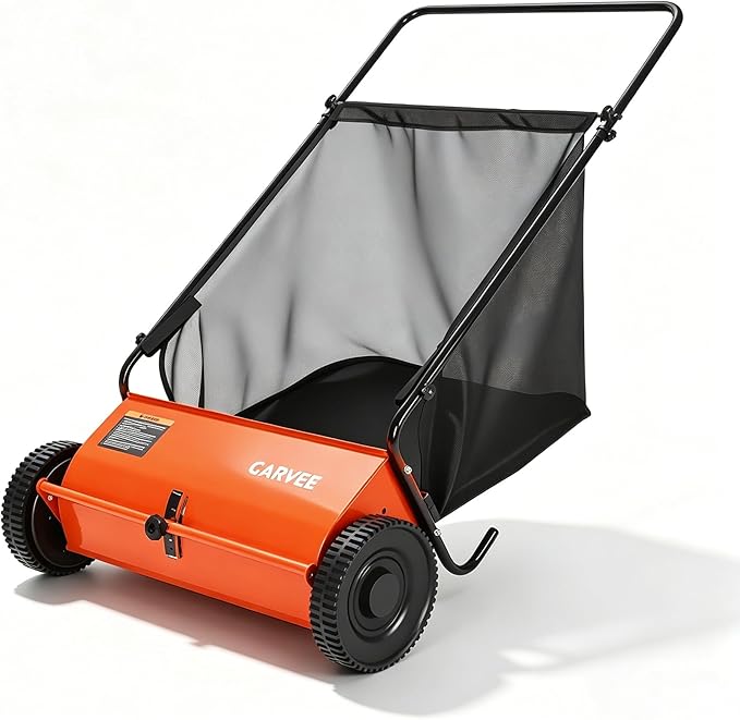 Garvee 26 Inch Push Lawn Sweeper, Walk Behind Leaf Grass Collector with 7 Cu ft Hopper Bag, Carbon Steel Frame, Yard Sweeper with Adjustable Brush Height for Garden Patio Driveway Leaves Cleanup