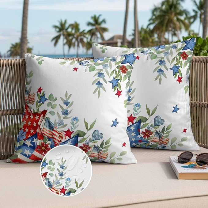 American Flag Stripe Star Outdoor Pillow Covers 16x16in Pack of 2 Waterproof Pillowcase Summer Green Eucalyptus Leaf Decorative Throw Cushion Case for Patio Couch Sofa