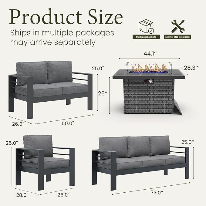 LayinSun Aluminum Furniture Set with Fire Pit Table, 5 Pieces Patio Sectional Conversation Chat Sofa Modern Seating Set