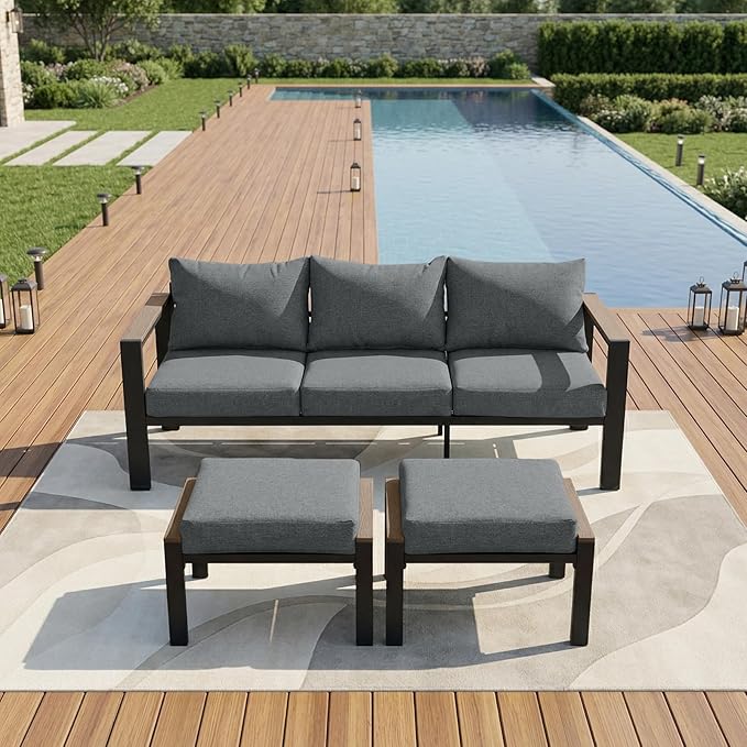 Patio Furniture Set 3 Seats Sofa and Ottoman All-Weather Patio Sofa with Washable Thick Cushions, Deluxe Aluminum Modern Outside Sectional for Porch, Balcony, Deck, Yard, Light Gray