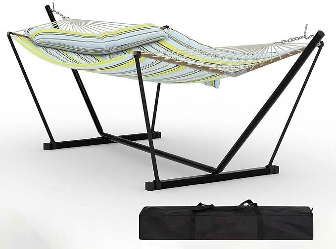 Double Hammock with Stand for Outdoor Use – 2-Person Portable Hammock with Curved Spreader Bar & Balance Ropes, Heavy Duty 450 LBS Capacity for Backyard, Patio & Camping, Green Blue Stripes