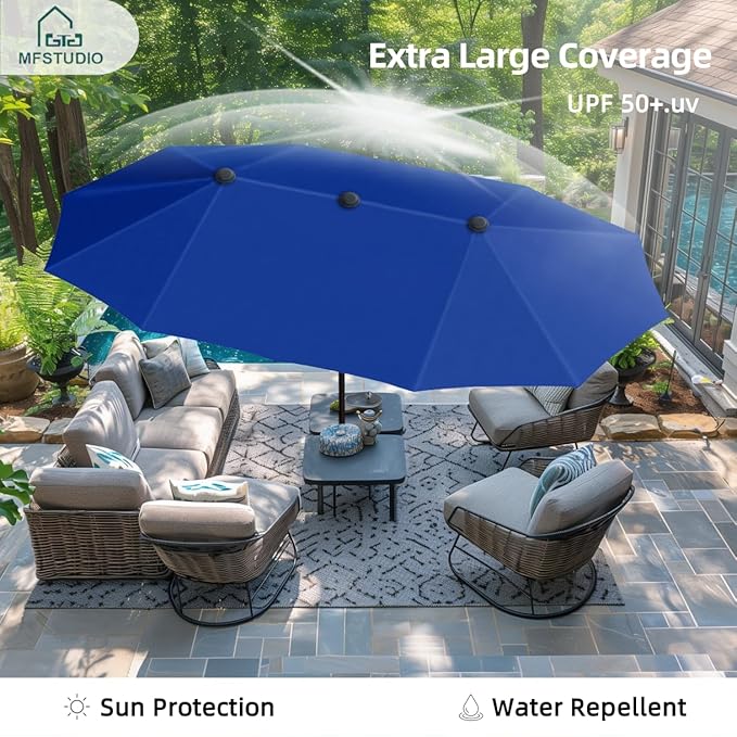 MFSTUDIO 13ft Outdoor Patio Umbrella, Double Sided Large Rectangular Umbrella Market Table Twin Triple Rectangle Umbrellas with Crank Handle for Outside Picnic Backyard Deck Pool (no base)