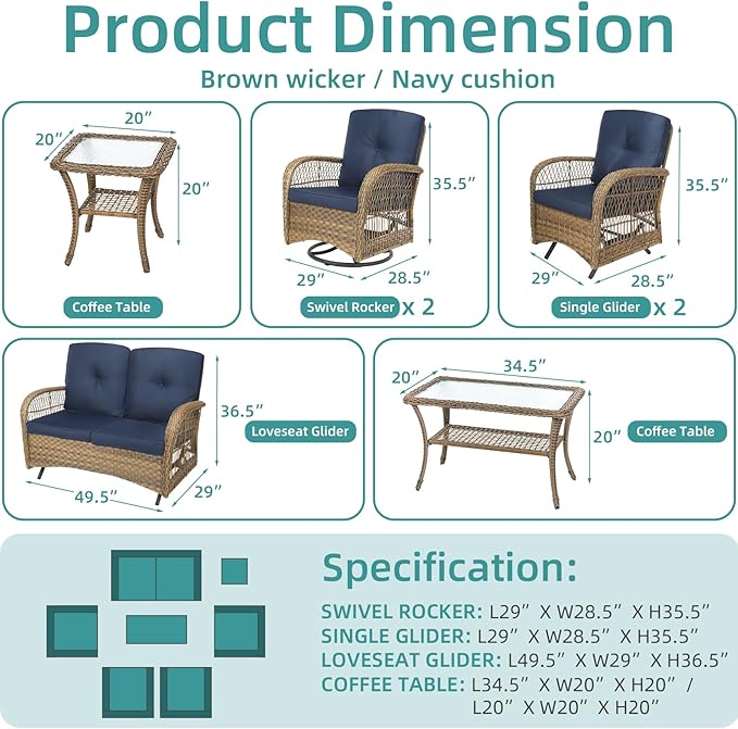 MEETWARM 7 Pieces Outdoor Patio Rattan Furniture Sets, All Weather Patio Wicker Conversation Set- 2 Rocking Glider, 2 Swivel Chairs, 1 Loveseat Glider w/Cushions, 2 Glass-Top Coffee Table, Navy Blue