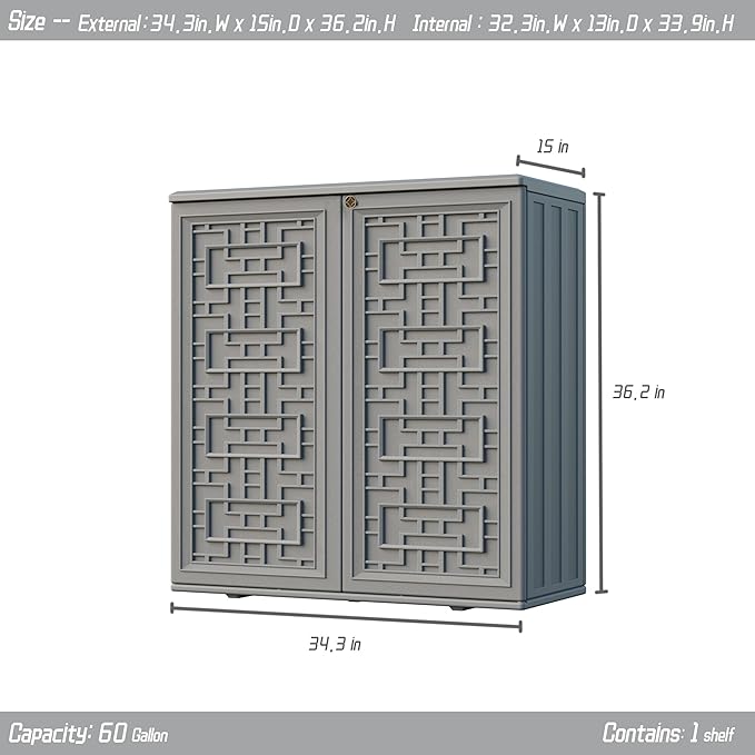 Mrosaa Indoor Outdoor Storage Cabinet Waterproof with Shelf,Plastic Storage Sheds Outdoor Cabinets for Patio/Garden/Backyard, Size 34.3''L*15''W*36.2''H（Gray）