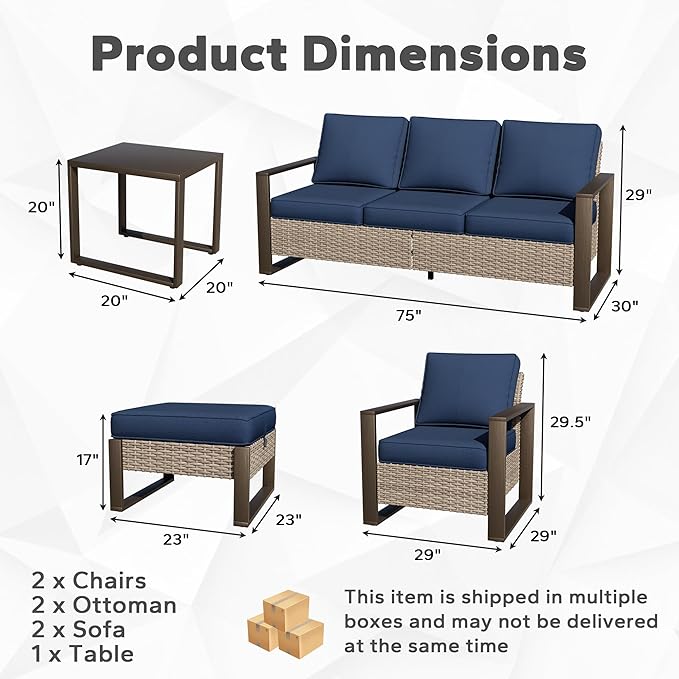 Joyside Outdoor Patio Chairs, 7 Pieces Wicker Rattan Furniture Set, 2 Patio Chairs, 2 Sofa, 2 Ottoman and 1 Table, Metal Wide Armrest, Thick Cushions and Deep Seating for Garden, Backyard, Porch