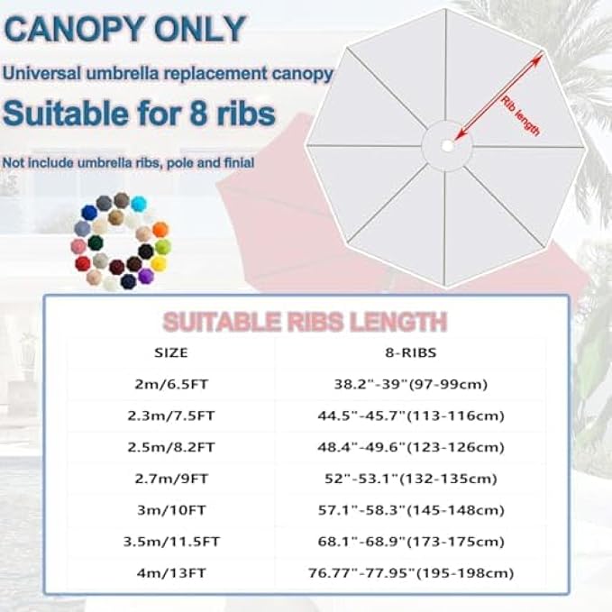 Patio Umbrella Replacement Canopy, 8 Arm Umbrella Replacement Cover, 6.5/7.5/8.2/9/10/11.5/13 Feet, Suitable For Patio
