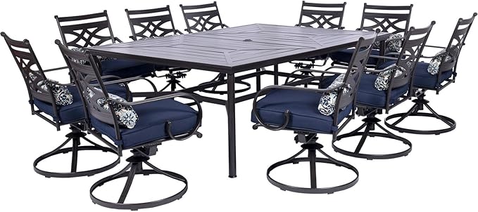 Hanover Montclair 11-Piece Patio Dining Set with 10 Swivel Rocker Chairs, Accent Lumbar Pillows and 84"x60" Steel Stamped Rectangular Table, Large Outdoor Patio Dining Set for 10, Navy Blue