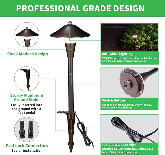 Low Voltage Landscape Sidewalk Lighting - 5 Color Temperature Led Pathway Lights Wired, 12v Walkway Light IP65 Waterproof, Oil Rubbed Bronze Aluminum 5W 200LM for Backyard Garden (4 Pack)
