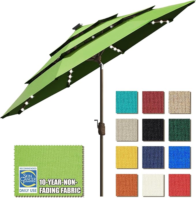 EliteShade USA 10-Year-Non-Fading 9ft 3-Tier Market Patio Umbrella, Commercial Table Umbrella with 80 Solar LED Lights, Crank Open, Windproof & UPF 50+ UV Protection for Garden, Deck, Pool, Backyard, Macaw Green