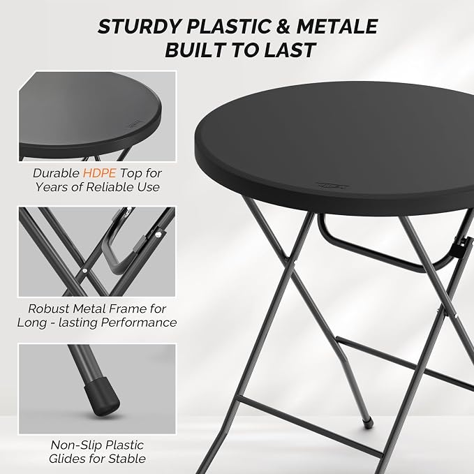Bonnlo 32" Cocktail Table High Top Table, Folding Round Table Bar Height, HDPE Matrial with Gray Metal Finish for Outdoor Party, Backyard, Dining Room, Wedding Event,Black- 2PCS