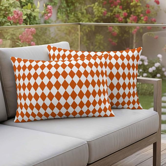 Modern Orange White Plaid Outdoor Pillow Covers Set of 2,Decorative Waterproof Throw Pillow Case,Geometric Lattice Cotton Linen Soft Cozy Cushion Pillowcases