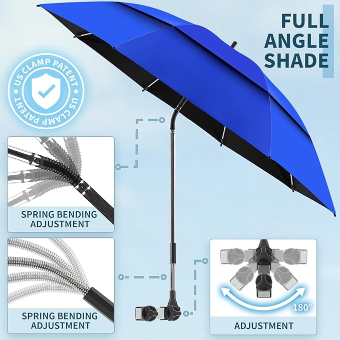 48.6" Double Canopy Beach Umbrella with Clamp, UPF50+ Beach Chair Umbrella with clip(Cobalt Blue)