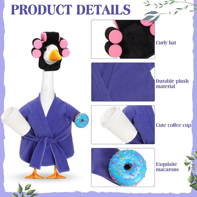 Shyyween Lady Porch Goose Outfit 23 Inch Purple Robe Goose Clothes with Curlers and Coffee Cup Porch Geese Accessories for Cement/Plastic/Concrete Statue Outdoor Yard Decoration