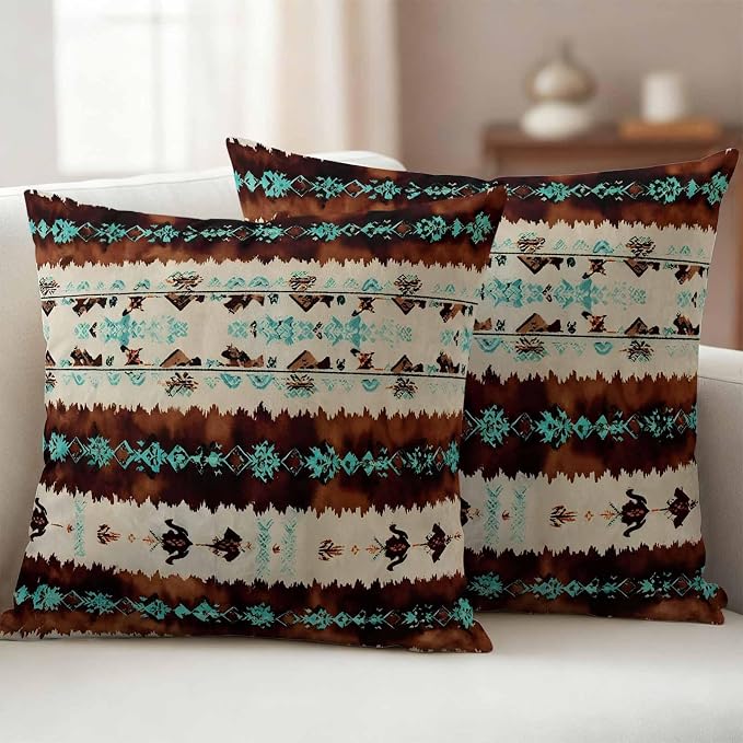 Western Aztec Outdoor Pillow Covers 26"x26" Set of 2, Brown Turquoise Tribal Ethnic Geometric Waterproof Throw Pillow Covers for Patio Furniture, Decorative Cushion Covers for Porch