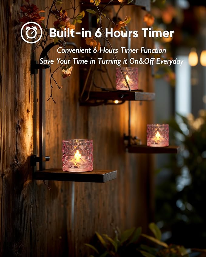 Homemory 2" x 2" Acrylic Votive Candle Holders with Auto Timer Flameless Led Tealight with, Battery Powered Fake Electric Candles for Wedding Centerpiece, Table, Christmas Decor (6Pack, Pink Base)