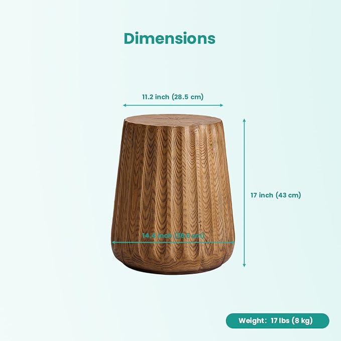 SUNBURY Outdoor Side Table, Stump End Table, Wood Stump Stool Light Oak, Round Concrete Side Table Colored Faux Wood, Ottoman or Plant Stand, Deck or Garden