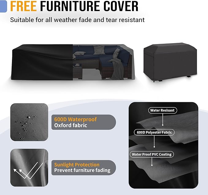 Outdoor Patio Furniture Set with 44" Fire Pit Table 8 Pieces Rattan Patio Sectional Sofa Conversation Set w/55000 BTU Propane Gas Fire Pit, Coffee Table, 2 Waterproof Covers, Blue
