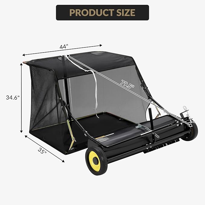 Tow Behind Lawn Sweeper 44" Wide, 26 Cu.Ft Large Hopper Yard Sweeper, Pull Behind Leaf Collector with Adjustable Sweeping Height, Universal Fit for Lawn Tractor & Debris Cleanup