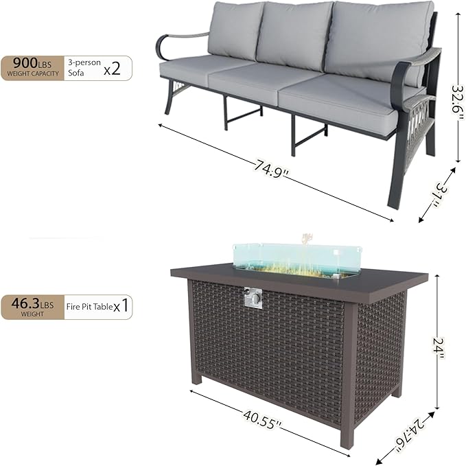 3 Pieces Patio Furniture Set, Metal Outdoor Conversation Sets with Fire Pit Table for Backyard Garden Deck Porch Poolside (Thick Gray Cushions)