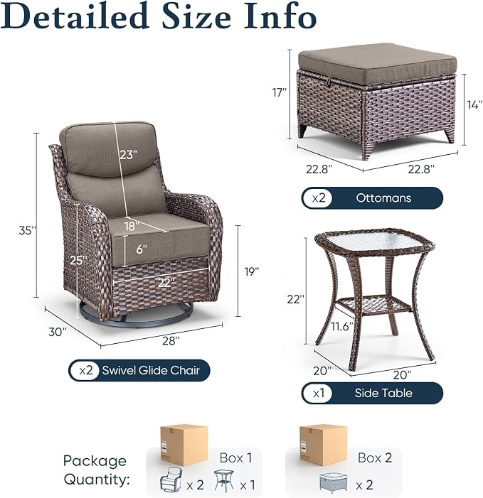 Belord Luxury 6" Thick Cushioned 5 Pieces Patio Furniture Set with 2 Ottomans, Wicker Outdoor Conversation Set with High Back Swivel Rocker Patio Chairs for Deck Porch Yard and Poolside - Brown+Grey
