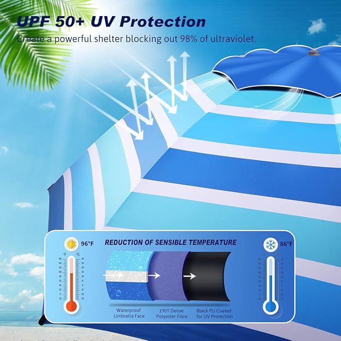 Fisqueen 8FT Large Beach Umbrella with Level 7 Wind Resistance, Sand Anchor, Portable Outdoor Umbrella with UPF50+ UV Protection, Tilt Sun Shelter for Beach, Patio, Yard