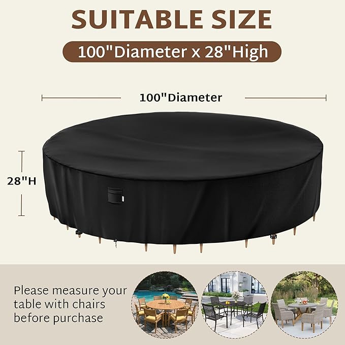 iBirdie Round Patio Furniture Cover 100 x 28 inch, Outdoor Waterproof and Weatherproof for Garden Table and Chairs, Heavy Duty 600D, fit 100, 99, 98 Diameter
