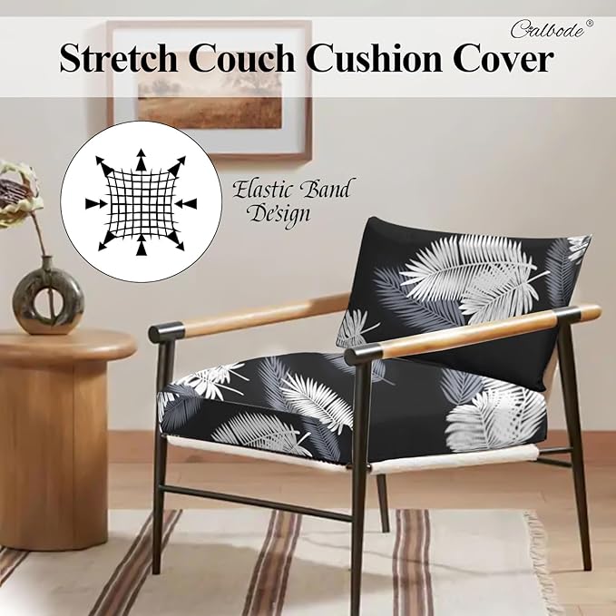 CALBODE 8Pcs Stretch Patio Cushion Covers Dustproof Outdoor Cushion Covers Washable Patio Couch Cover Slipcovers for Outdoor Furniture Protector Replacement(Black Palm Leaves, Cover Only)