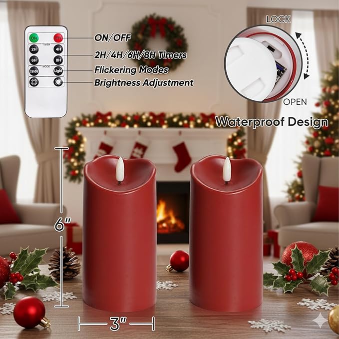 Homemory Burgundy Flameless Candles, Waterproof Flickering Candles, Outdoor Battery Operated LED Pillar Candles with Remote Timer, Electric Fake Plastic Candles, Red, Christmas Decor, 3" x 6"