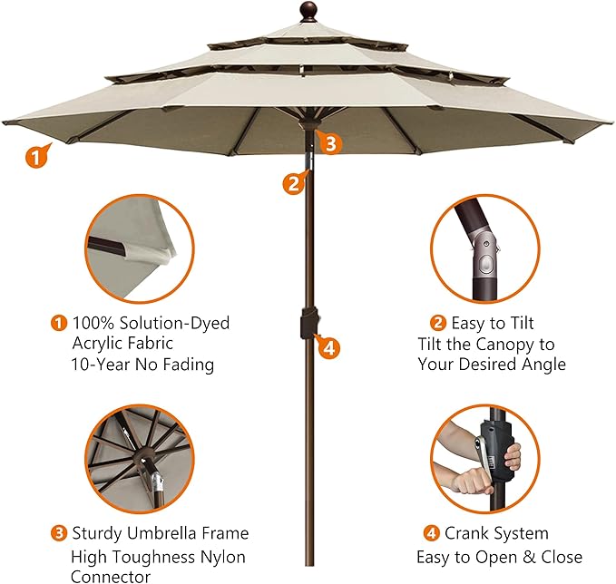 EliteShade USA 10-Year-Non-Fading 10ft 3-Tier Market Patio Umbrella, Commercial Grade Outdoor Table Umbrella with Crank Open, Windproof & UPF 50+ UV Protection, Heavy Duty Ventilation for Garden, Deck, Pool, Backyard, Beach & Bistro, Antique Beige