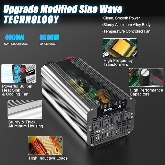 Cantonape 4000 Watt Power Inverter, Car Inverter 24V DC to 110V/120V AC Converter with LCD Display, 4 AC Outlets, USB Port & Remote Controller for RV, Truck, Off-Grid Solar System