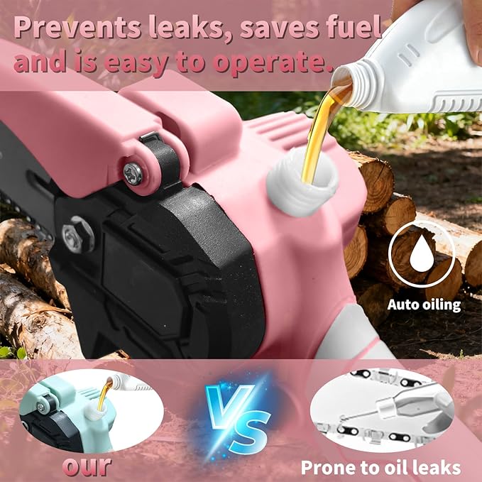Mini Chainsaw with 2×24V Battery Powered Electric Chain Saw,chain saw are suitable for cutting wood and trimming branches,Mini Chainsaw Cordless With three chains (Pinkish White)