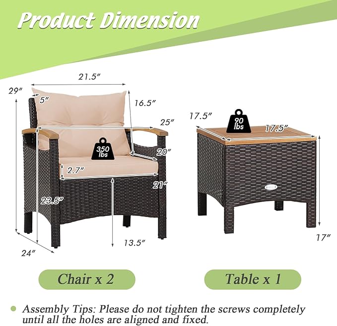 KOTEK 3-Piece Patio Furniture, Outdoor Conversation Set with Removable Cushions, Acacia Wood Tabletop and Armrests, PE Rattan Wicker Bistro Set for Porch, Balcony, Backyard (Beige)