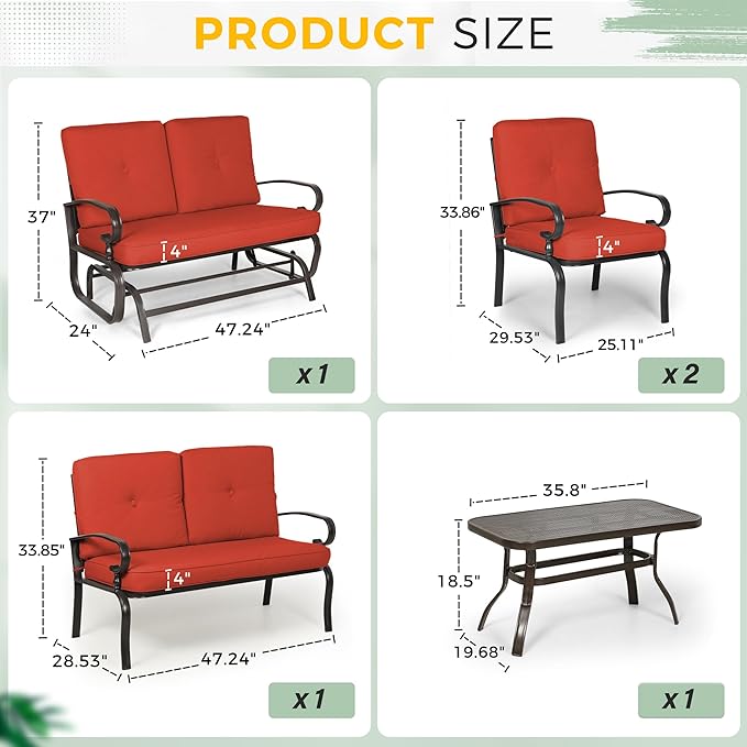 Incbruce 5 Pcs(6 Seats) Outdoor Metal Furniture Sets Wrought Iron Patio Conversation Sets, (Glider, 2 Single Chairs, Loveseat, and Coffee Table) with Cushion (Red)