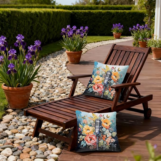 22x22 Inch Outdoor Pillow Covers Set of 2 Waterproof Throw Pillow Covers Decorative Couch Cushion Covers Microphone Floral Square Pillowcases Protectors for Patio Garden Sofa