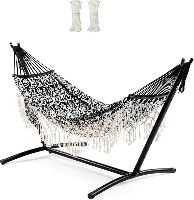 Portable Double Hammock with Stand, 450 lb Capacity Heavy Duty 2-Person Hammock Bed with Decorative Lace, Large Comfortable Outdoor Hammock for Patio, Backyard, Poolside, Easy Tool-Free Assembly