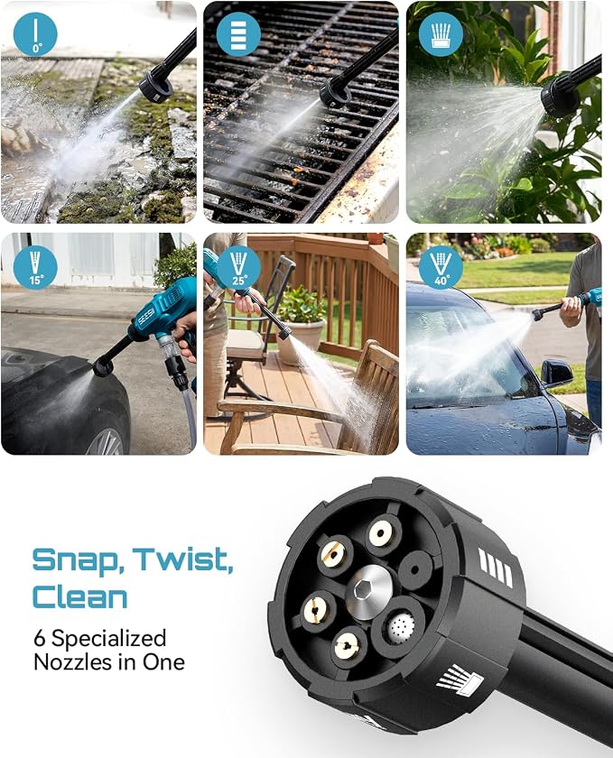 SEESII Cordless Portable Washer, Electric Power Washer with 4000mAh Battery, Lightweight Washer Gun with 6-in-1 Nozzle & 27FT Hose, Handheld Power Cleaner for Car, Driveway, Garden, Patio & Fence